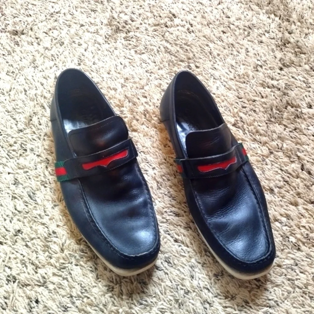 GUCCI FLAG Black Leather Boat Deck Loafers sz 9